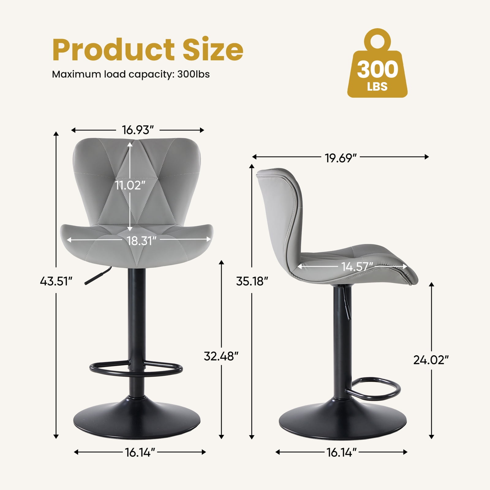 Swivel Bar Stools Set of 2 Adjustable Counter Stools Bar Chairs, Faux Leather High Back Barstools for Kitchen Island, Grey