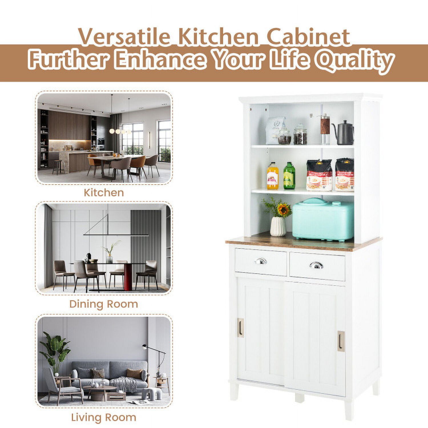 Finihen Kitchen Storage Cabinet, Buffet Sideboard, Freestanding Kitchen Pantry with Hutch Sliding Door and Drawer, for Dining Room, Kitchen, Living Room, White Finihen Kitchen Storage Cabinet, Buffet Sideboard, Freestanding Kitchen Pantry with Hutch Sliding Door and Drawer, for Dining Room, Kitchen, Living Room, White