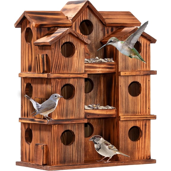 VASGOR Wooden Bird Houses for Outside – 15 Rooms Multi-Chamber Bird House, Carbonized Pine Rustic Finish, 1.57" Entrance Holes, Individual Clea