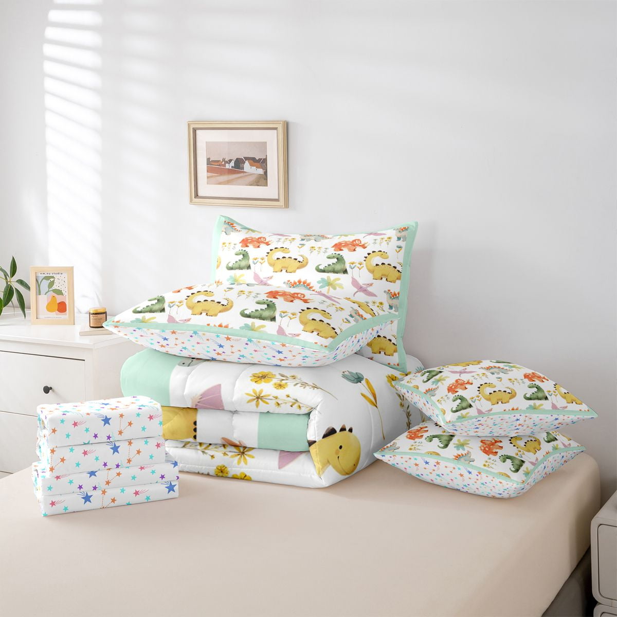 Castle Fairy Boys Girls Kawaii Dinosaurs Bedding Comforter Set 7 Pieces,Colorful Jungle Animal Full Bedding Set Lightweight,Cartoon Flowers Wildlife Fitted Sheet Flat Sheet,Super Cozy Room Decor