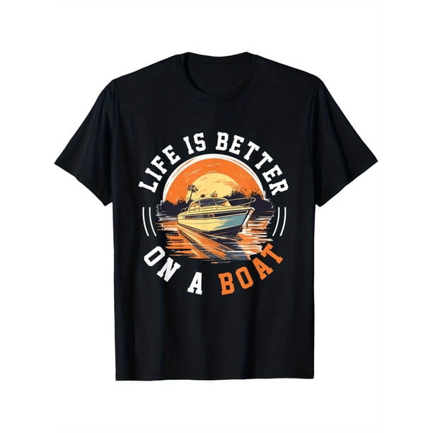 Halloween T-shirt Men's "Life is Better on a Boat" Graphic T-Shirt - 100% Cotton Casual Crew Neck Tee with Nautical Sunset Design, All-Season Comfort, Machine Washable for Boating & Out