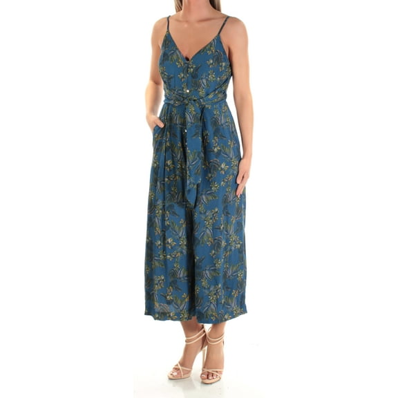 FREE PEOPLE Womens Blue Floral Spaghetti Strap V Neck Casual Jumpsuit 2