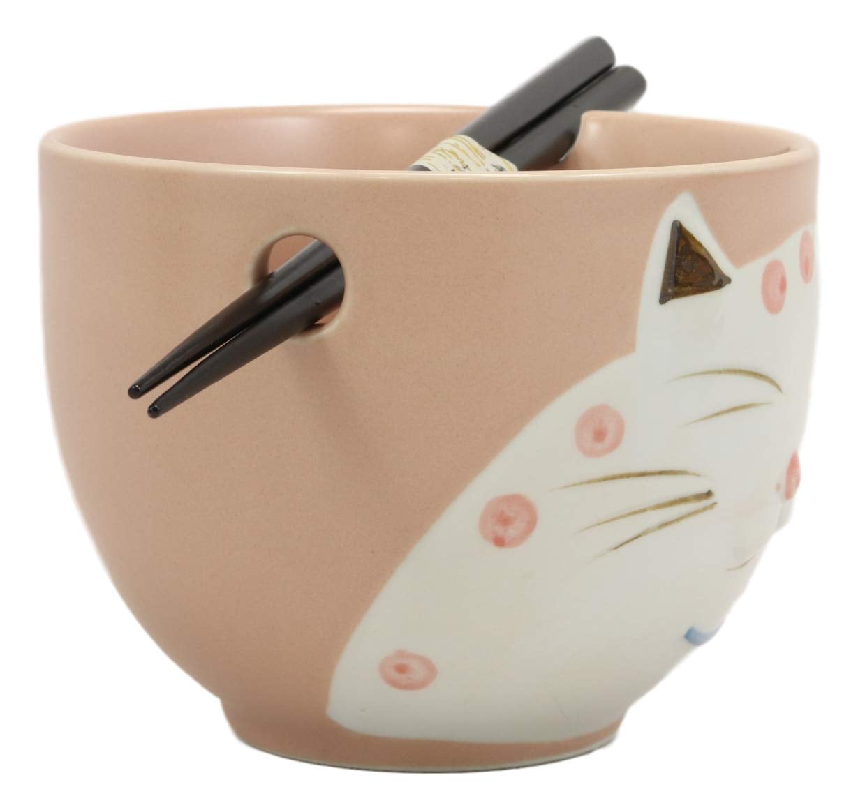 Ebros Whimsical Ceramic Black Lucky Meow Cat Ramen Noodle Bowl & Chopsticks Set 