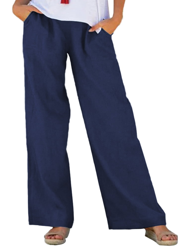 ZANZEA Women's Loose Elastic Waist Solid Casual Pants Side Pockets ...
