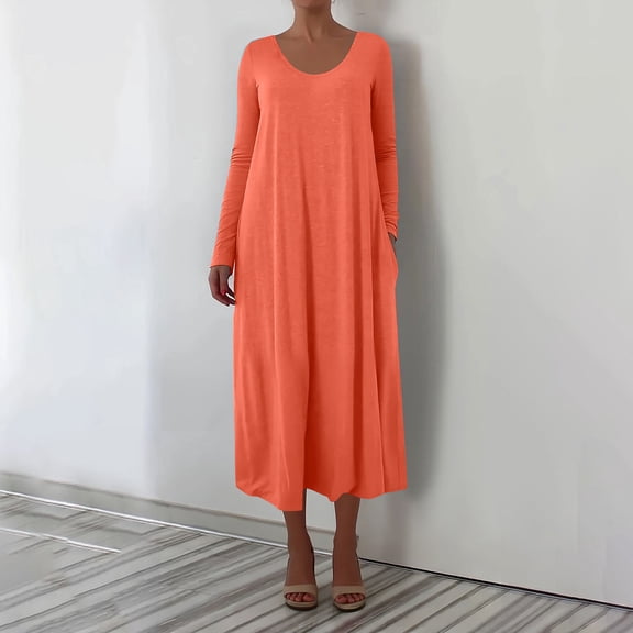 AUNVITO Women's Plus Size Oversized Long Sleeve Round Neck Dress with Pockets Casual and Comfortable Style