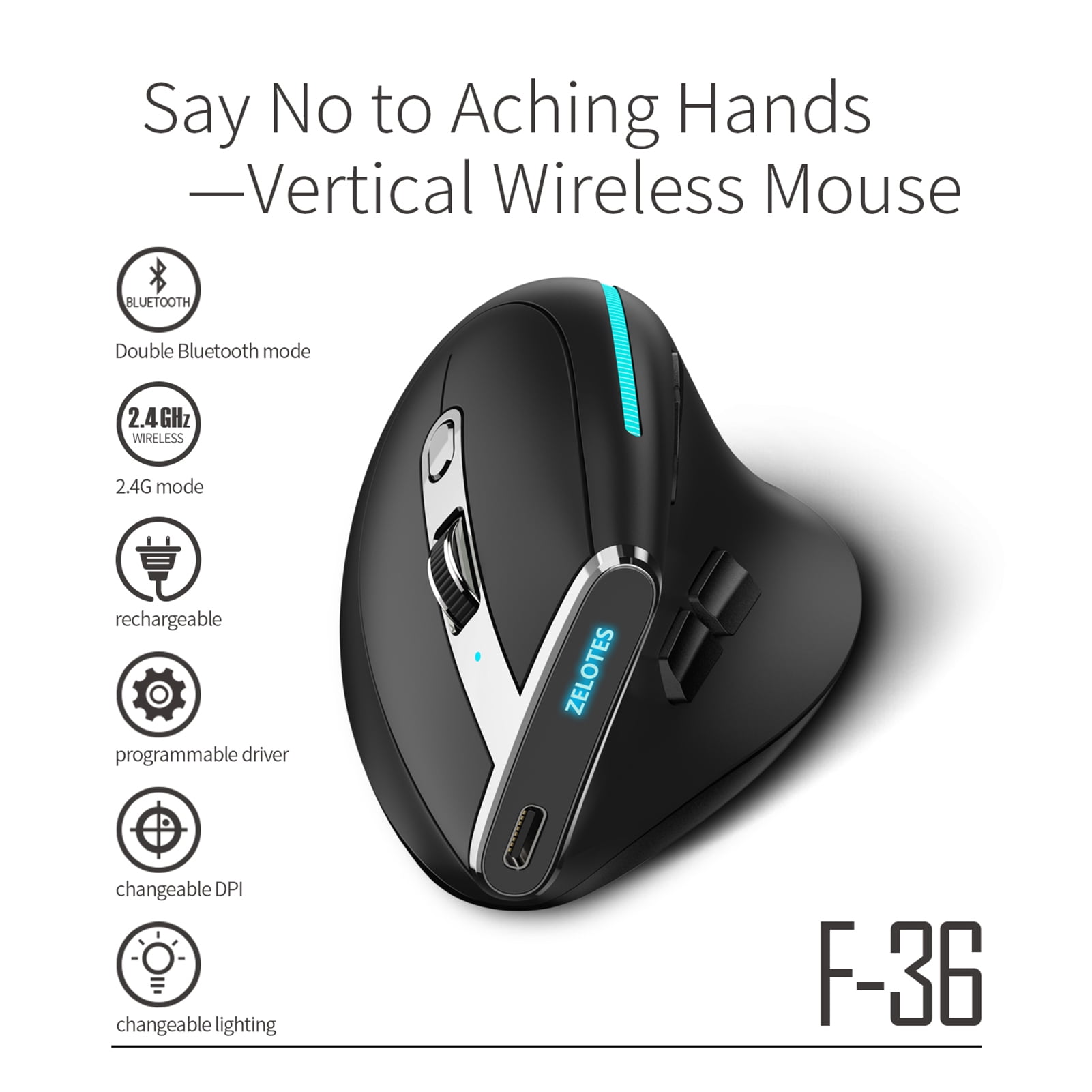 ZELOTES Wireless Gaming Mouse, Five DPI Levels, Built-in 730mAh Battery, Optical Indicator, Black