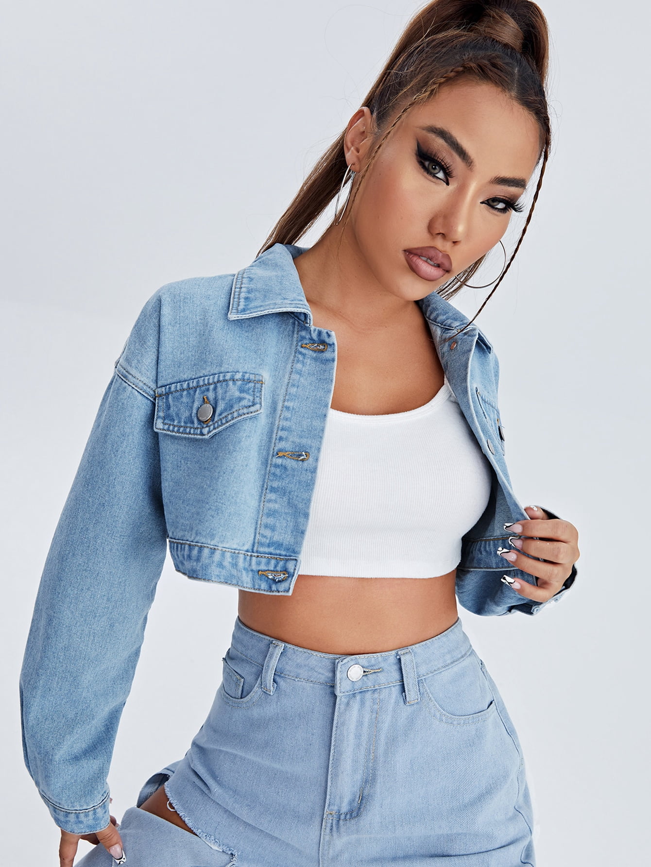 Women's Button Front Crop Denim Jacket 