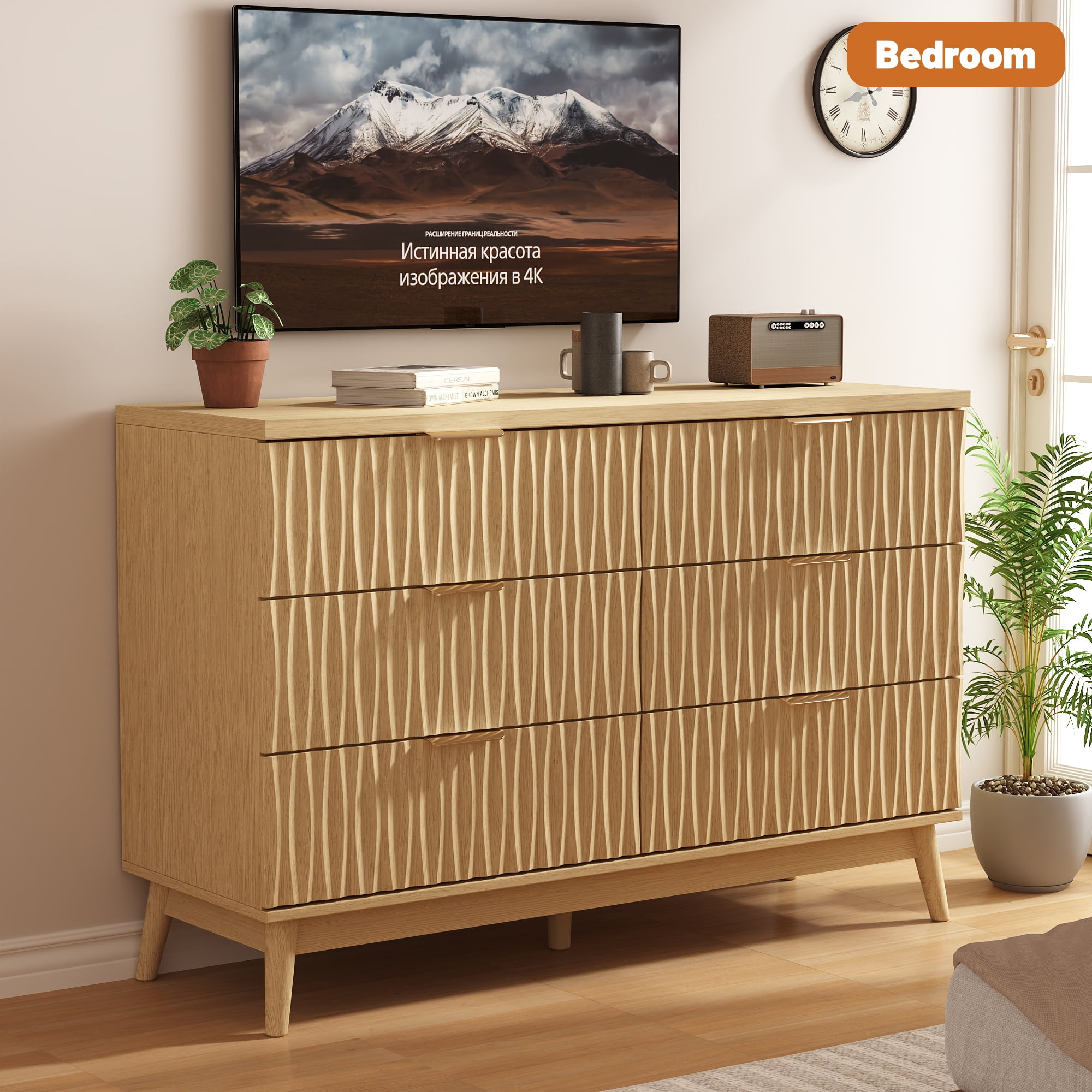Fluted Dresser for Bedroom with 6 Drawers, 48" Wide Modern Chest of Drawers with Elegant Wave Design, Wooden Dresser TV Stand, Closet Clothes Storage Organizer for Living Room, Hallway
