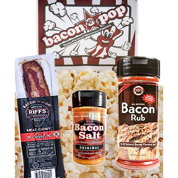 Taste of Bacon Sampler Snack Pack (4pc Gift Set) Bacon Salt, Bacon BBQ Rub, Bacon Popcorn