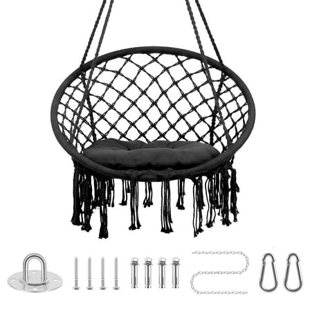 Boho Macrame Hanging Swing Chair with Cushion , Black Hammock Chair with Hardware Kit , Indoor/ Outdoor Patio Swings