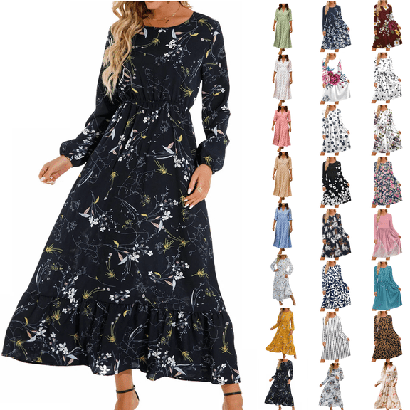Long Sleeves Dresses, Women's Summer Print Casual Loose Long Sleeve Crew Neck Dress