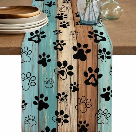 Aqua Brown Table Runner 72 Inches, Rustic Farmhouse Dog Paw Vintage Bed Runner Dresser Scarves Tabletop for Indoor Outdoor Parties/Ceremony/Banquet, 16" x 72"