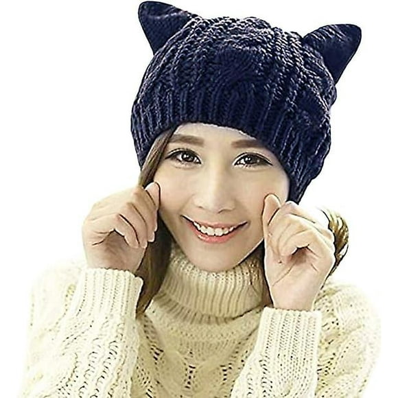 Cute Wool Knitted Cat Cat Ears Ladies Ladies Girls Headdress Crochet Hat, Dark Blue