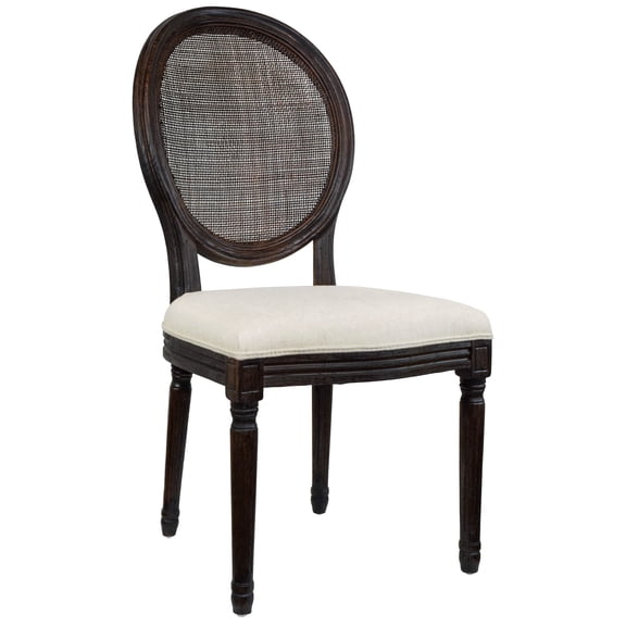 2xhome - French Chic Vintage Style Dining Side Chair With Upholstered Linen Welted Fabric And Elegant Natural Rustic Wood Frame - Rattan Wicker Oval Back, Set of 1, 1 piece