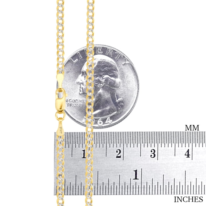 Nuragold 10k Real Yellow Gold Solid Cuban Curb Link 2.5mm Diamond Cut Pave Chain Bracelet or Anklet (7"-9") Two Tone Italian Jewelry for Men & Women