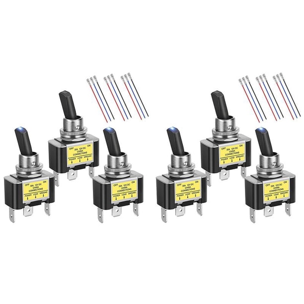 Interruptor de Palanca de Luz Basculante de 6 Piezas, 30A, 12 V CC, SPST, 2 Posiciones, 3 , Luz LED Azul Con Cable para Coche, , Automoción