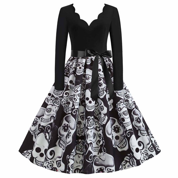 Vestido de fiesta vintage con estampado de cuello en V y manga larga para mujer de Halloween Fridja nalpqowj5053