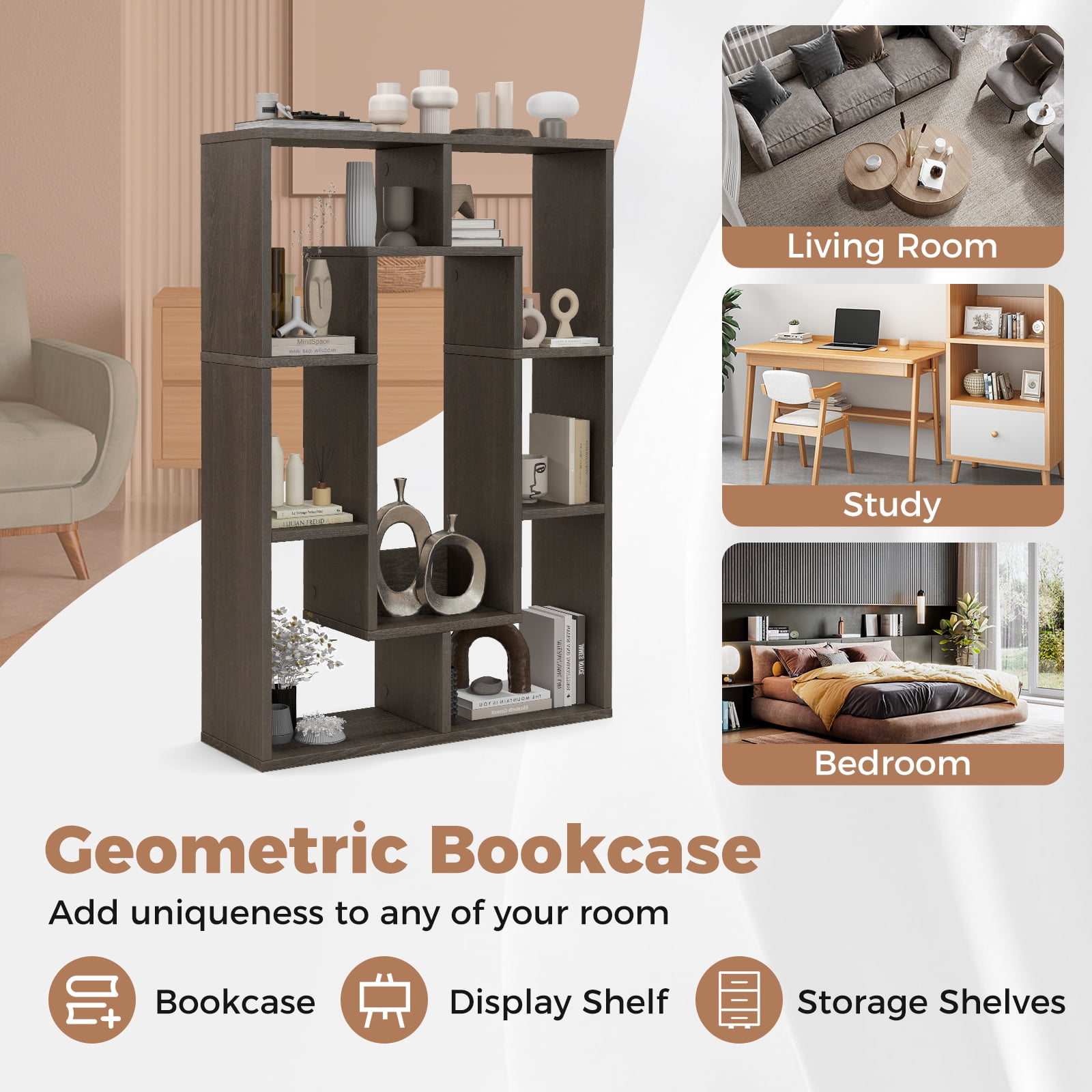 Giantex Wood Geometric Bookshelf, Freestanding Open Bookcase w/7 Cubes, Storage Display Rack for Home Office, Gray