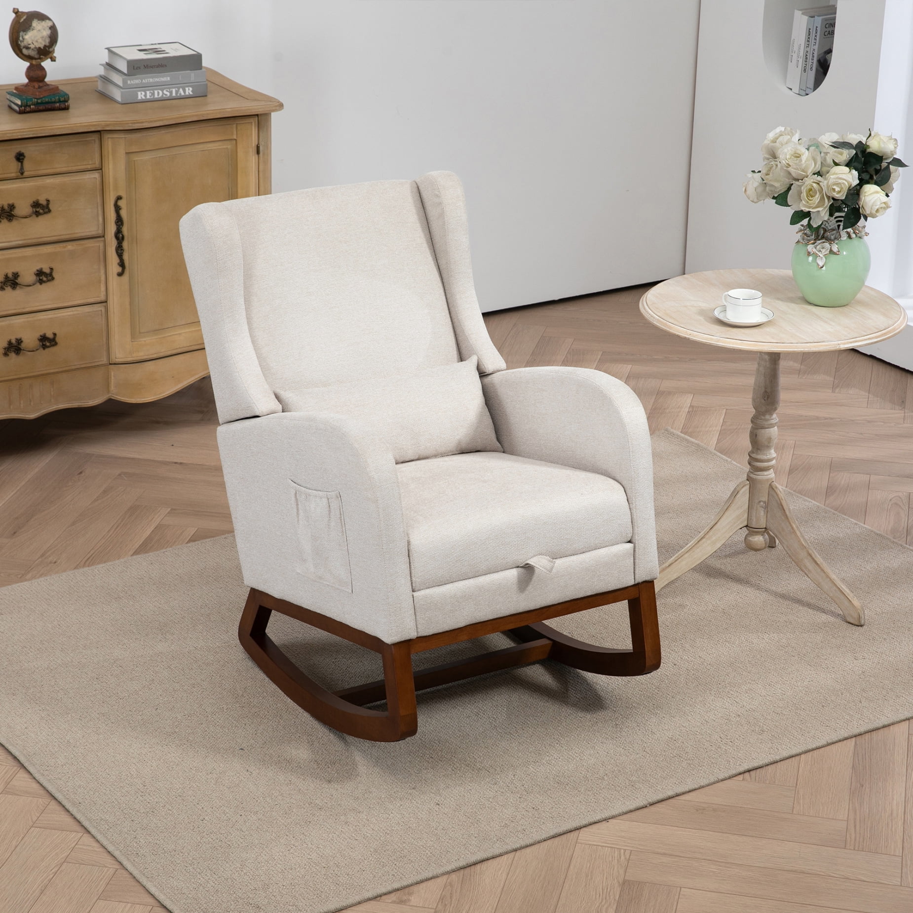 Modern Rocking Chair with Retractable Footrest & Side Pocket, Comfortable Upholstered Wingback Glider for Nursery and Living Room, Sturdy Wood Frame, Beige
