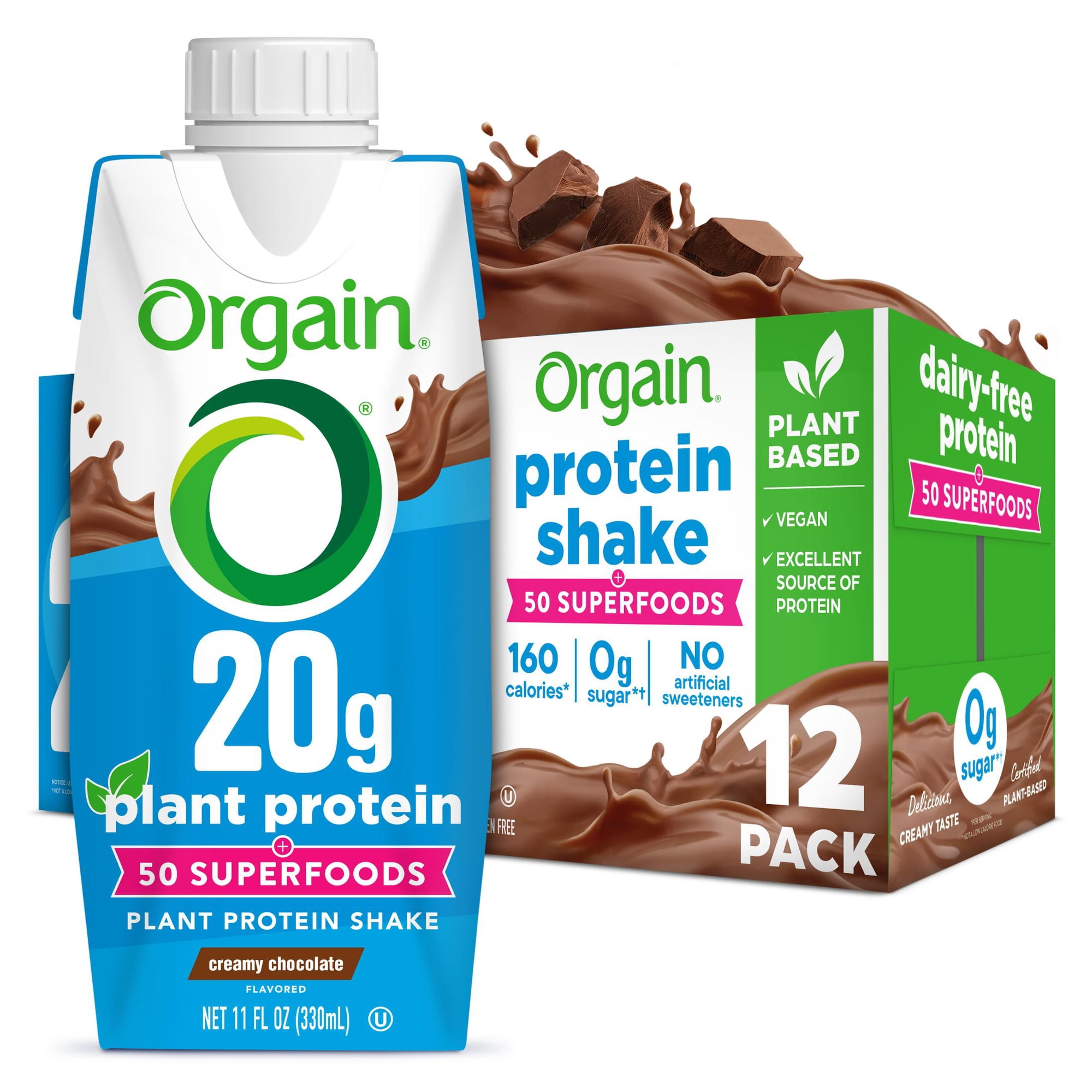 Orgain Vegan Protein Shake, 20g Protein, 0g Sugar, Chocolate, 11 fl oz, 12 pk
