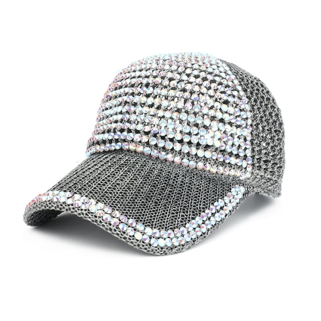 Women Men Studded Rhinestone Crystals Adjustable Ponytail Mesh Baseball Cap Shiny Bling Casual Sports Cap Breathable Sun Hat