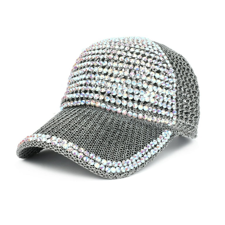 Lisingtool Beach Hats for Women Men Studded Rhinestone Crystals Adjustable Ponytail Mesh Baseball Cap Shiny Bling Casual Sports Cap Breathable Sun