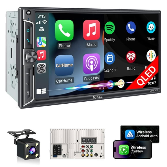 PLZ 7" Wireless Double Din Car Stereo Apple Car Play Radio Carplay Android Auto QLED Touch Screen, Bluetooth 5.3 Audio Receivers, 1080P Backup Camera, 4.2 Channel Output