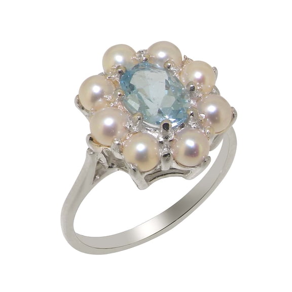 LBG British Made 14k White Gold Natural Aquamarine & Cultured Pearl Womens Statement Ring - 33 size options - Size 10