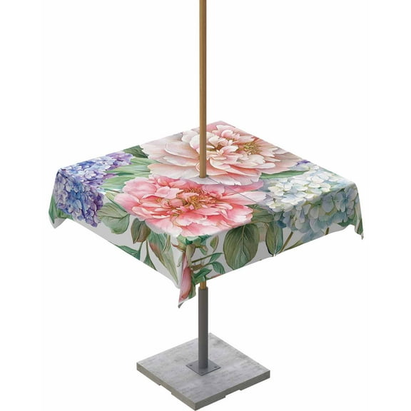 nqOlkjepod Pink Hydrangea Blossom Outdoor Tablecloth with Umbrella Hole & Zipper, Spring Rustic Floral Square Table Cover 54x54 Inch, Dining Waterproof Table Cloth Protector for Patio/Party/Picnic