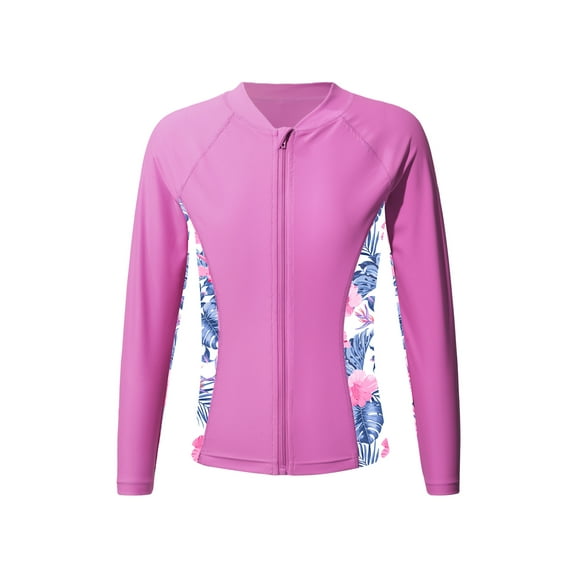YEAHDOR Kids Girls Long Sleeve Swimming Tops Sun Protection Quick Dry Front Zipper Bathing Swim Shirt Pink 6