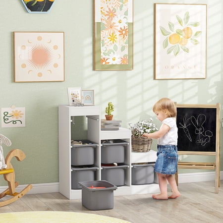 Qaba Kids Toy Storage Organizer with 6 Storage Bins & 3 Layers Kids Bookshelf Toy Organizer for Aged 3-8 Years Play Room Bedroom Gray