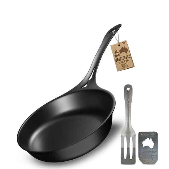 Solidteknics AUS-ION Lightning Long Handle Skillet Set - 10-Inch Seasoned Iron Frying Pan with Lil Flippa Stainless Spatula & Mini Scraper - Stovetop, Oven Ready & Campfire Cooking
