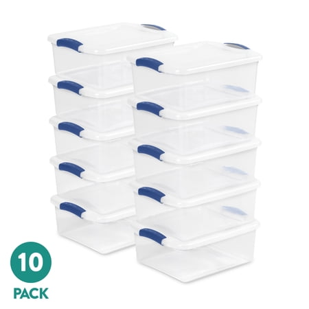Sterilite Small Latching Storage Bin, 15 Quart Clear Plastic Storage Container with Latch Lid, Blue, 10 Pack