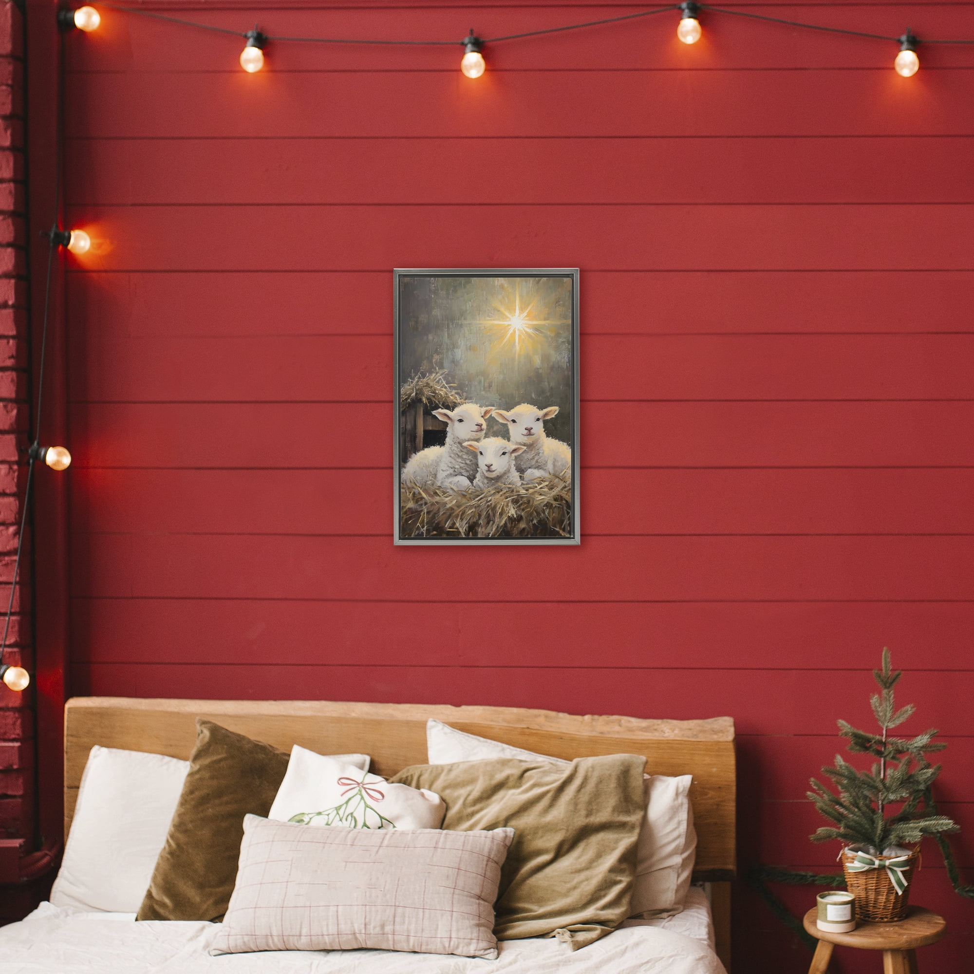 Festive Lambs in Stable Gray Framed Floater Canvas Wall Art, design by Petal Prints Design