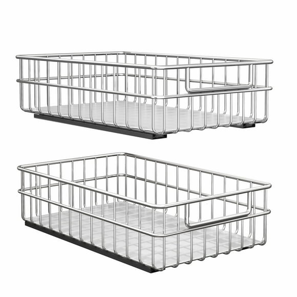 Pull out Cabinet Organizer, Stainless Steel 2-Pack Slide out Drawer with Silent Full-Extension Slides, Adhesive Roll out Can Spice Storage Basket She