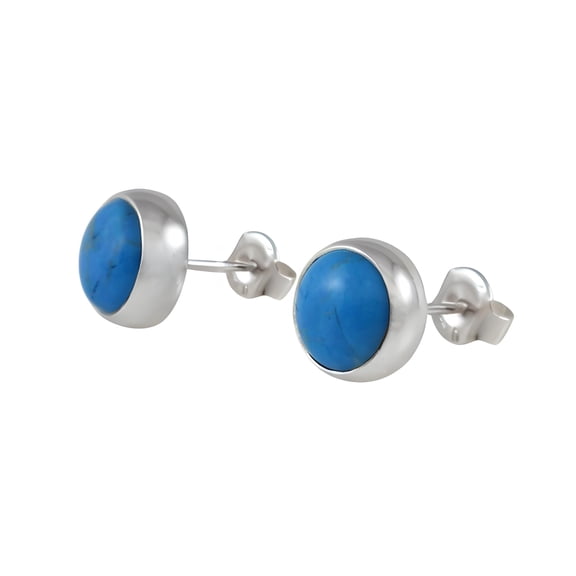 Sterling Silver 925 Turquoise Natural Howlite Round Handmade Stud Earrings- 9mm