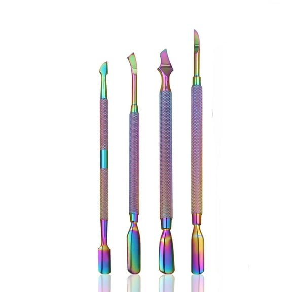 Cuticle Pusher Stainless Steel Pinkiou Cuticle Pusher Set 4 Pcs Cuticle Pusher and Cutter Scraper for Gel Nails Polish Professional, Multi-Color Manicure Tools, Travel Tool Kit