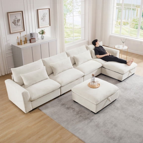 Modern Corduroy U-Shaped Sectional Sofa for Living Room - 4 Seater with Storage
