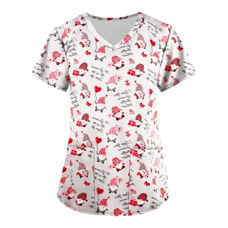 

DNDKILG Womens V Neck Graphic Scrubs Top Holiday Short Sleeve Nursing Scrubs Pockets Uniform Casual Professionals T Shirt Multicolor S