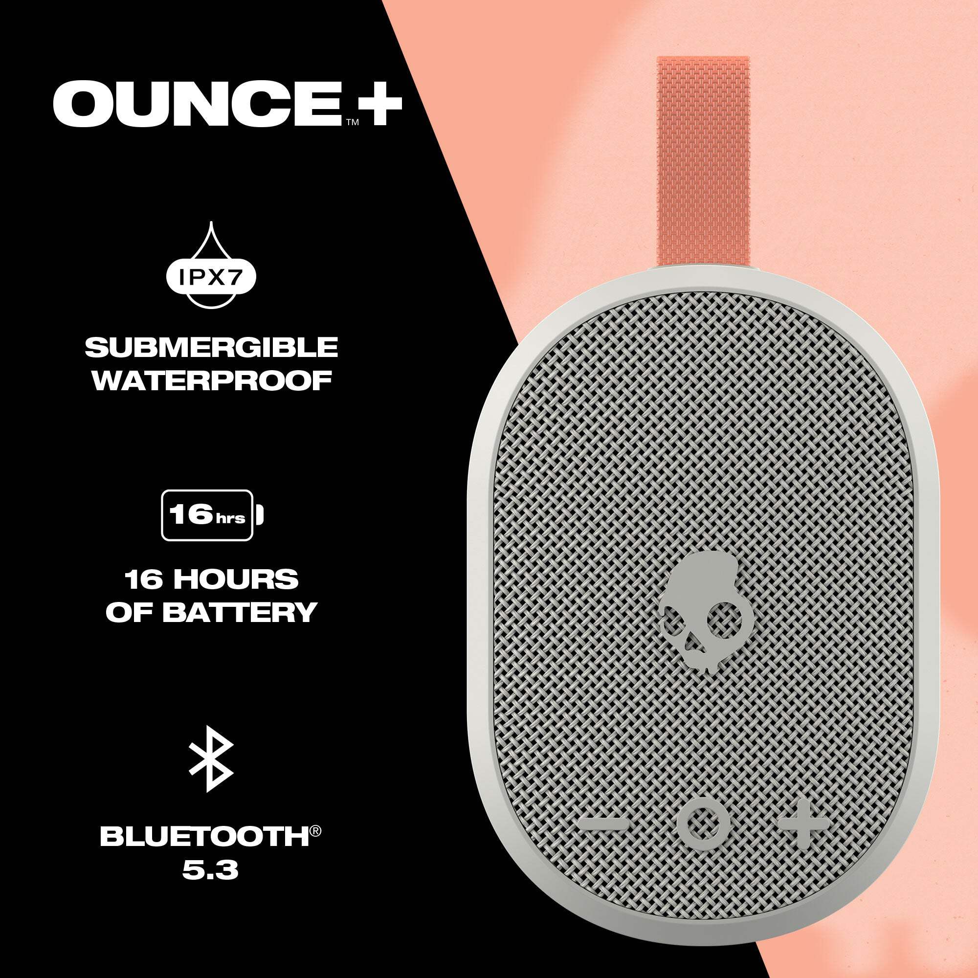 Skullcandy Ounce+ Bluetooth Speaker, IPX7 Waterproof, Portable, 16-Hour Battery & True Wireless Stereo, Nylon Carry Strap