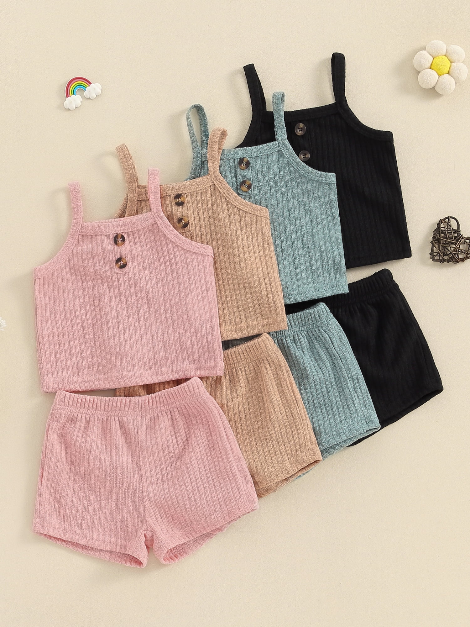 Suealasg Little Girl Summer 2Pcs Outfits Set Clothes 1T 2T 3T 4T 5T Kids Girl Sleeveless Solid Color Cami Tops and Shorts Beach Party Clothing for Children Girls