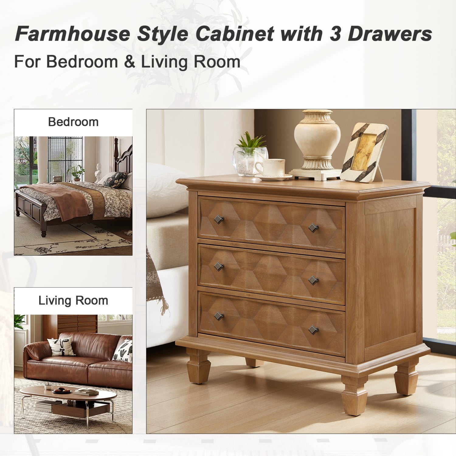 Farmhouse Nightstand with Charging Station, 3 Drawer Bedside Table with USB & Type-C Ports, Engineered Wood Storage Cabinet, Rustic End Table for Bedroom Living Room, Brown