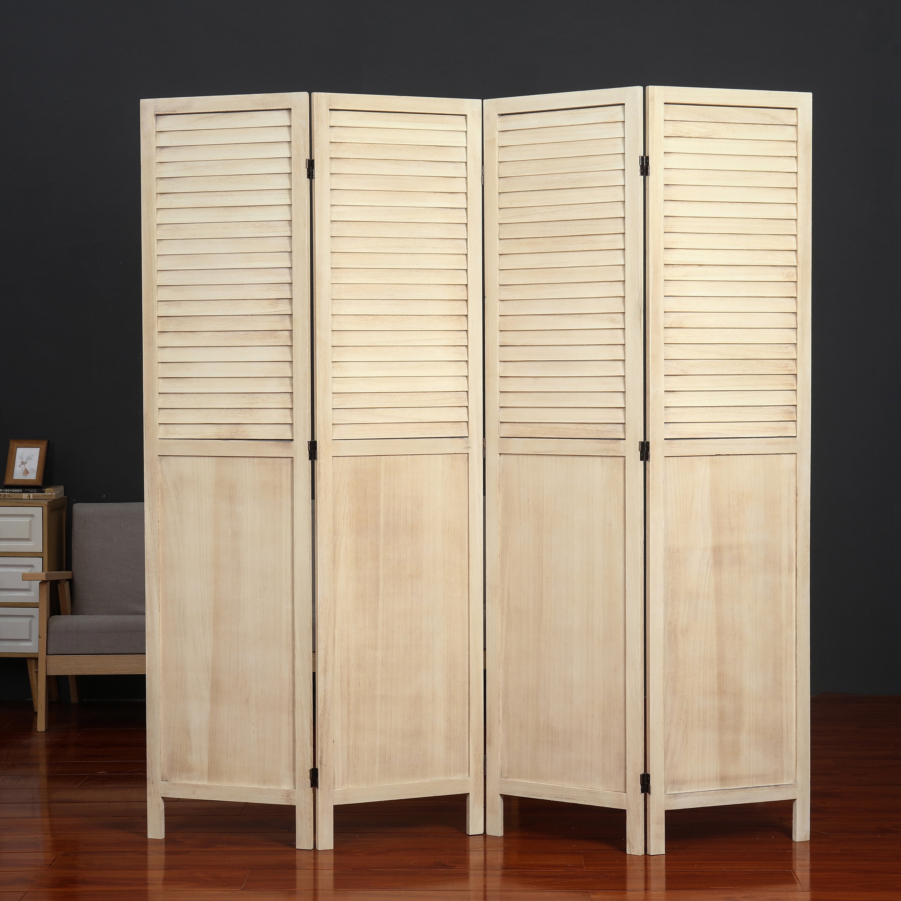 Natural 4-Panels Room Divider with Window Shutter Style