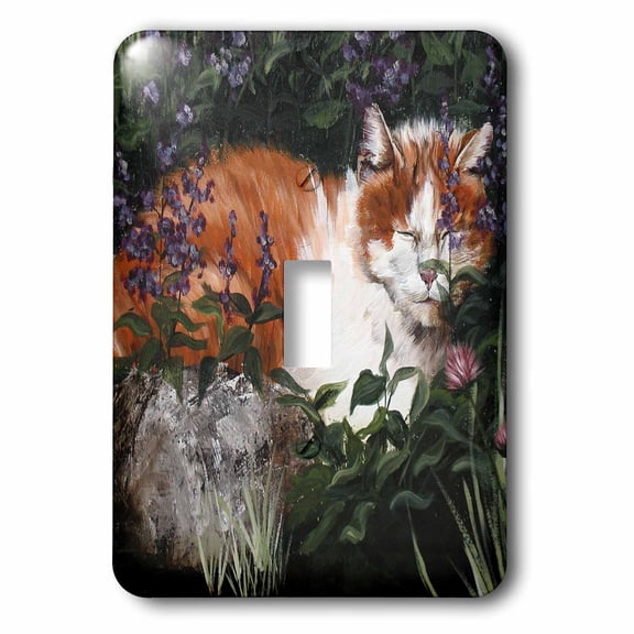 3dRose, Orange and White Cat Sleeping in a Flower Garden Behind a Rock, single toggle switch