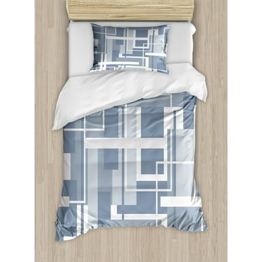 Geometric Twin Size Duvet Cover Set, Minimalist Futuristic Digital Bars Stripes Hightech Style Illustration, Decorative 2 Piece Bedding Set with 1 Pillow Sham, Cadet Blue Grey White, by Ambesonne