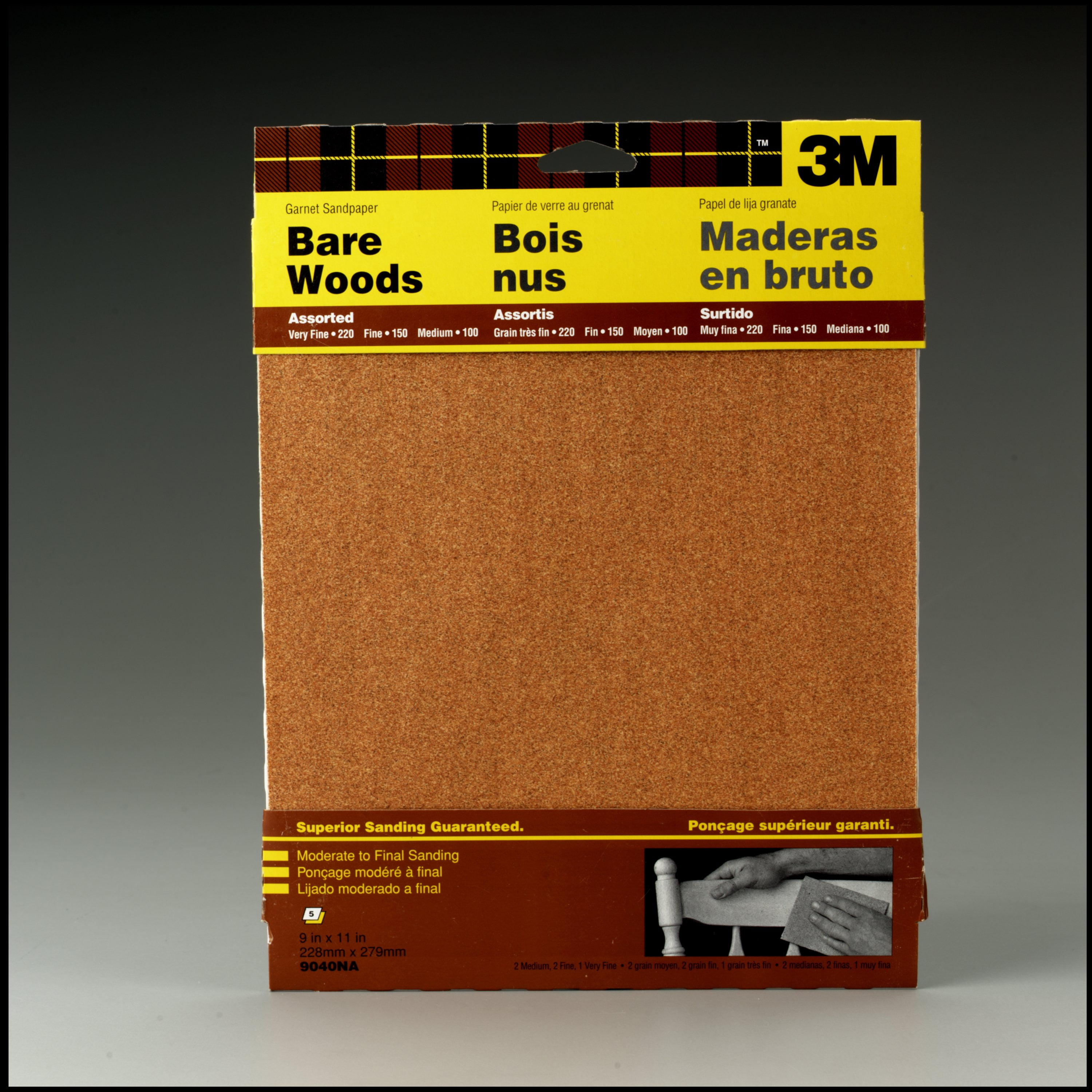 3M Garnet Sandpaper, 9 in. x 11 in., Assorted Grits, 5 Pack by 3M COMPANY