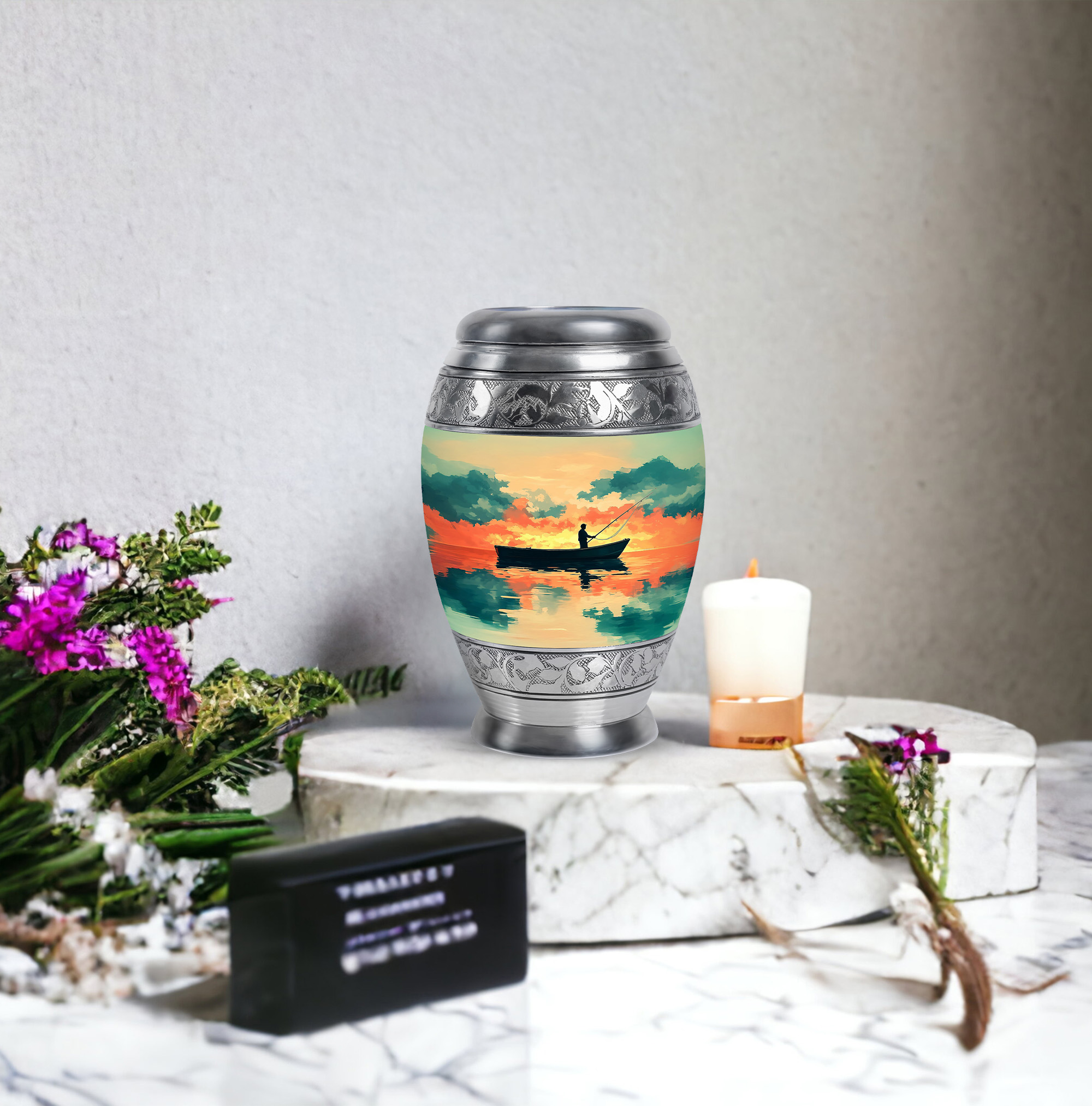 JAGASY Fishing Small Urn for Sister - Golden Urn for Ashes Adult Male & Female - Sunset Clouds Water Boat Decorative Urns - Mini Cremation Urns for Human Ashes keepsake - (3 Inch)