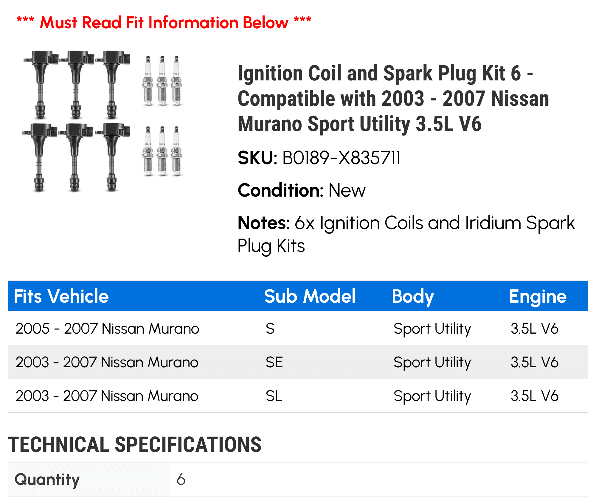 Ignition Coil and Spark Plug Kit 6 - Compatible with 2003 - 2007 Nissan Murano Sport Utility 3.5L V6 - Autopart Premium