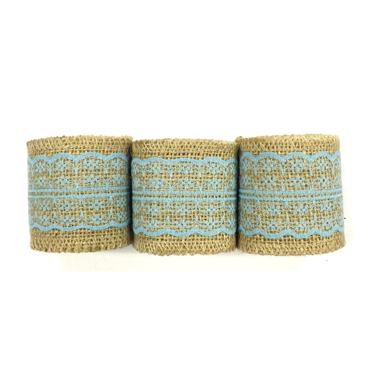 AK-Trading 2.5 Wide x 10 Yards Long Natural Burlap Craft Ribbon with Lace Jute Ribbon, Burlap Tape, Rustic Decor with Baby Blue Lace 