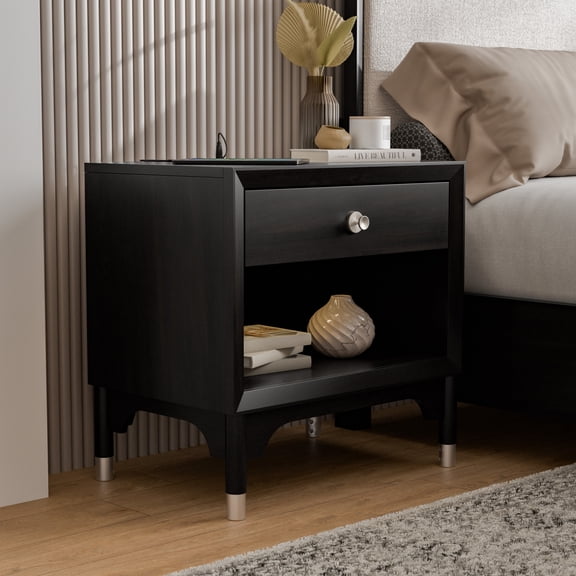 Furniture of America Ferris Solid Wood Mid-Century Modern 1-Drawer Nightstand with LED Light and USB, Black